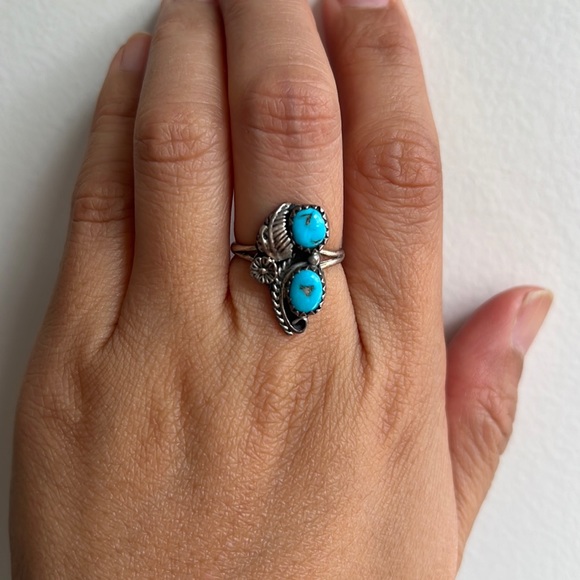 Vintage sterling silver double turquoise ring - Picture 2 of 7